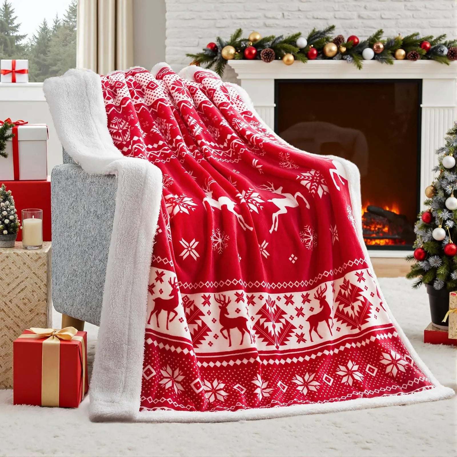 Soft flannel plush Christmas blanket in polyester fibre, showing American style and available in multiple sizes.