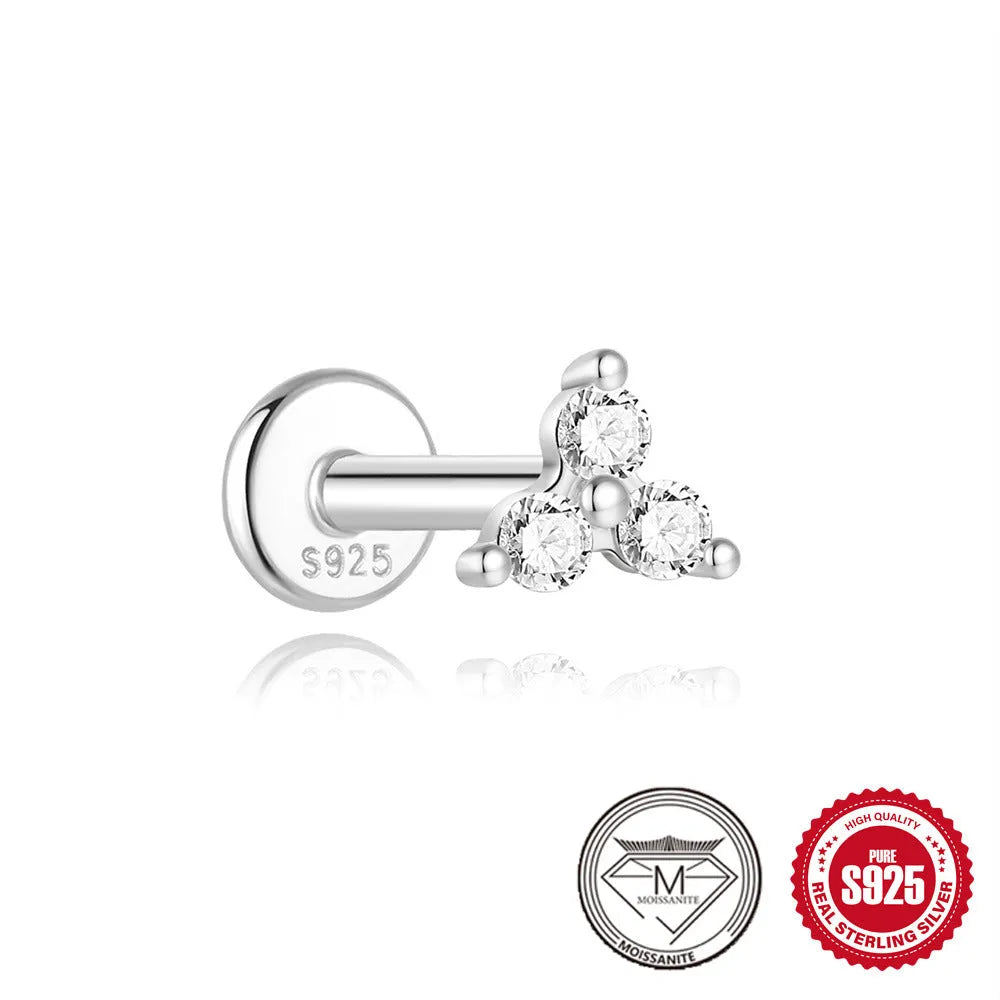 S925 sterling silver geometric stud earrings with petal diamond design, showing triangle and flower shapes.
