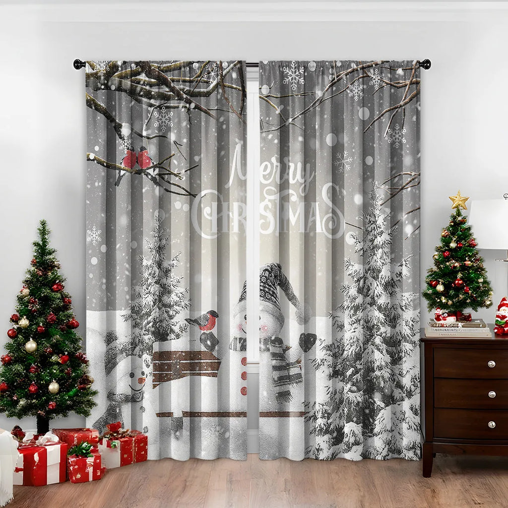 A pair of 3D digitally printed Christmas curtains with a modern festive pattern, hung on a window.