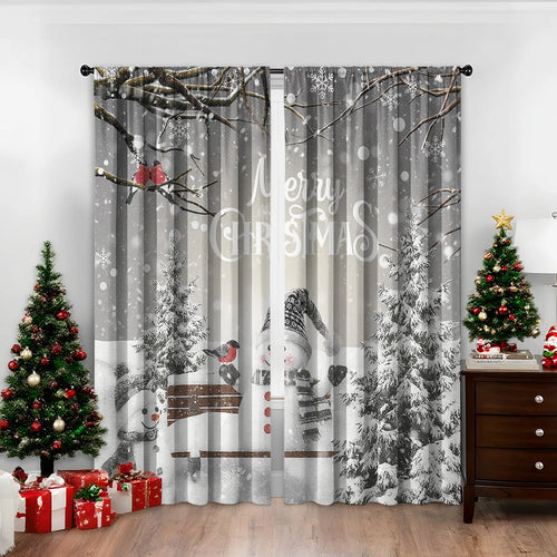 A pair of 3D digitally printed Christmas curtains with a modern festive pattern, hung on a window.