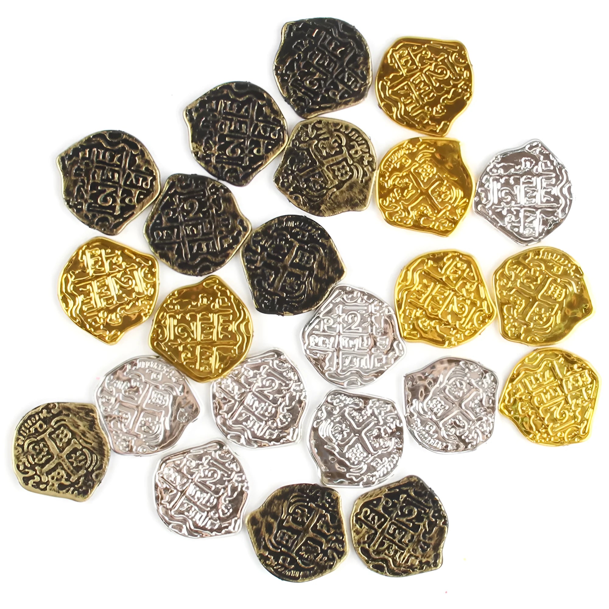 Pile of 100 bronze plastic Roman replica coins with electroplated finish for pirate props