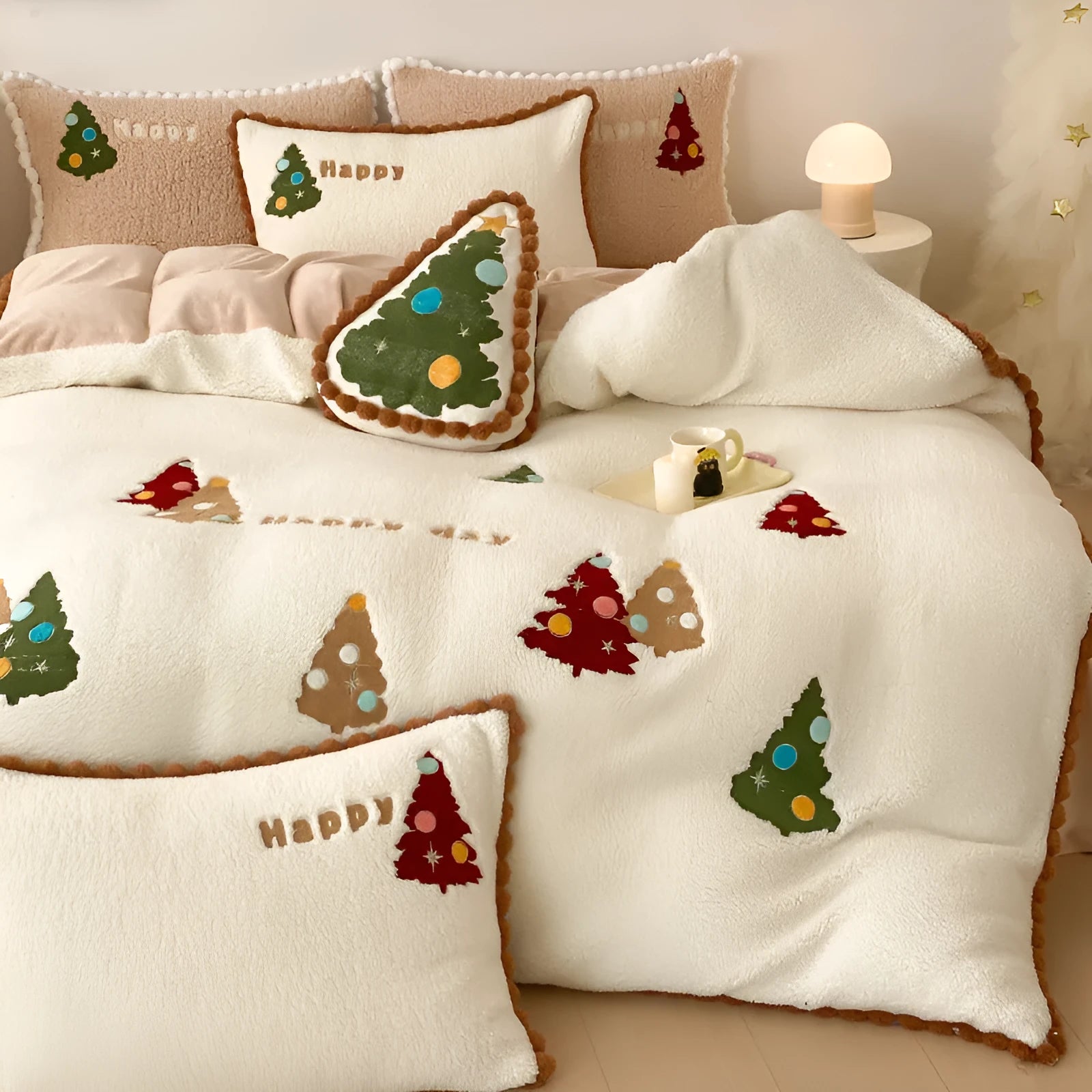 Bright yellow fleece-lined cartoon animation Christmas bedding four-piece set on a bed