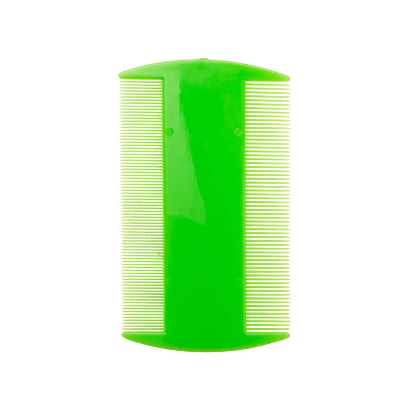 Double-edged fine-toothed plastic flea and lice comb measuring 8cm by 7.5cm