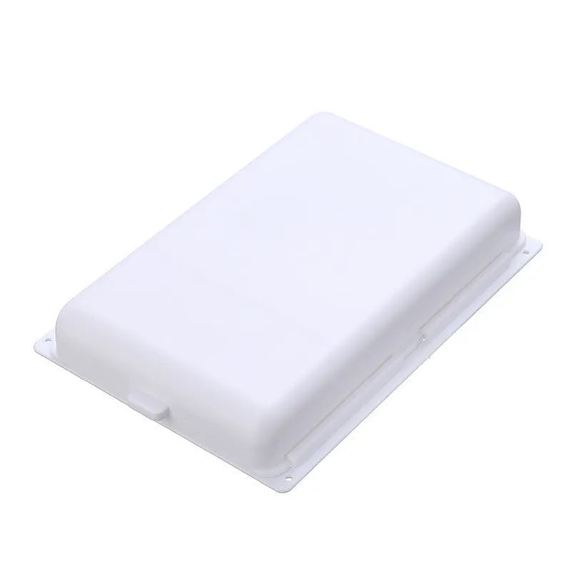 White plastic adhesive under desk storage drawer box with a lid and internal divider grid for organisation.