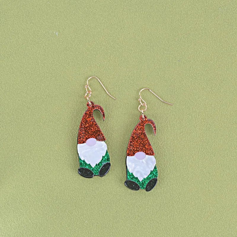Pair of festive red and green Santa Claus cartoon character acrylic fashion earrings.