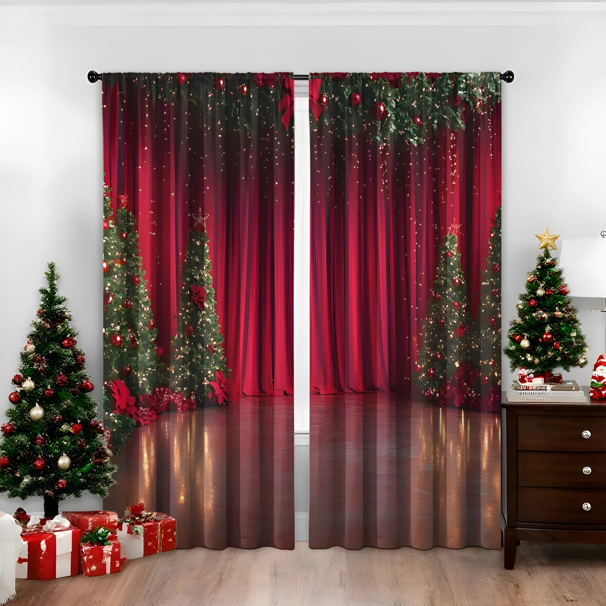 A pair of 3D digitally printed Christmas-themed curtains made from polyester fabric.