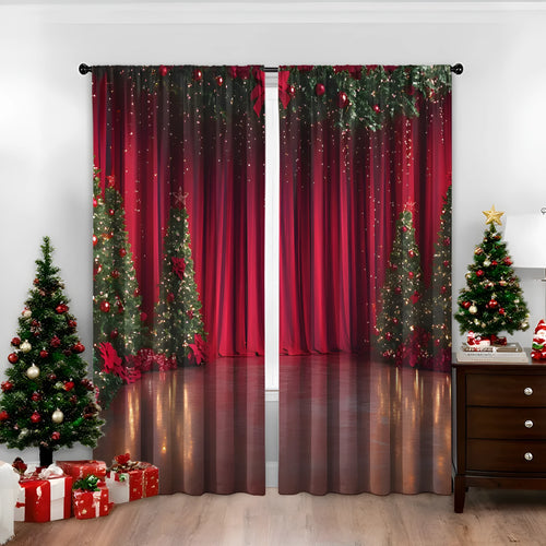 A pair of 3D digitally printed Christmas-themed curtains made from polyester fabric.