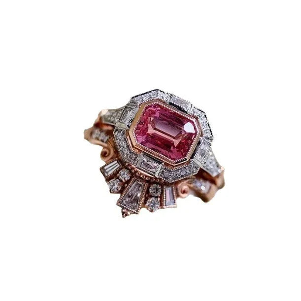 Rose gold geometric women's fashion ring with ruby-style detail in retro design.