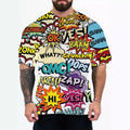 Men's loose fit graphic t-shirt with short sleeves in coloured letters design on a hanger.