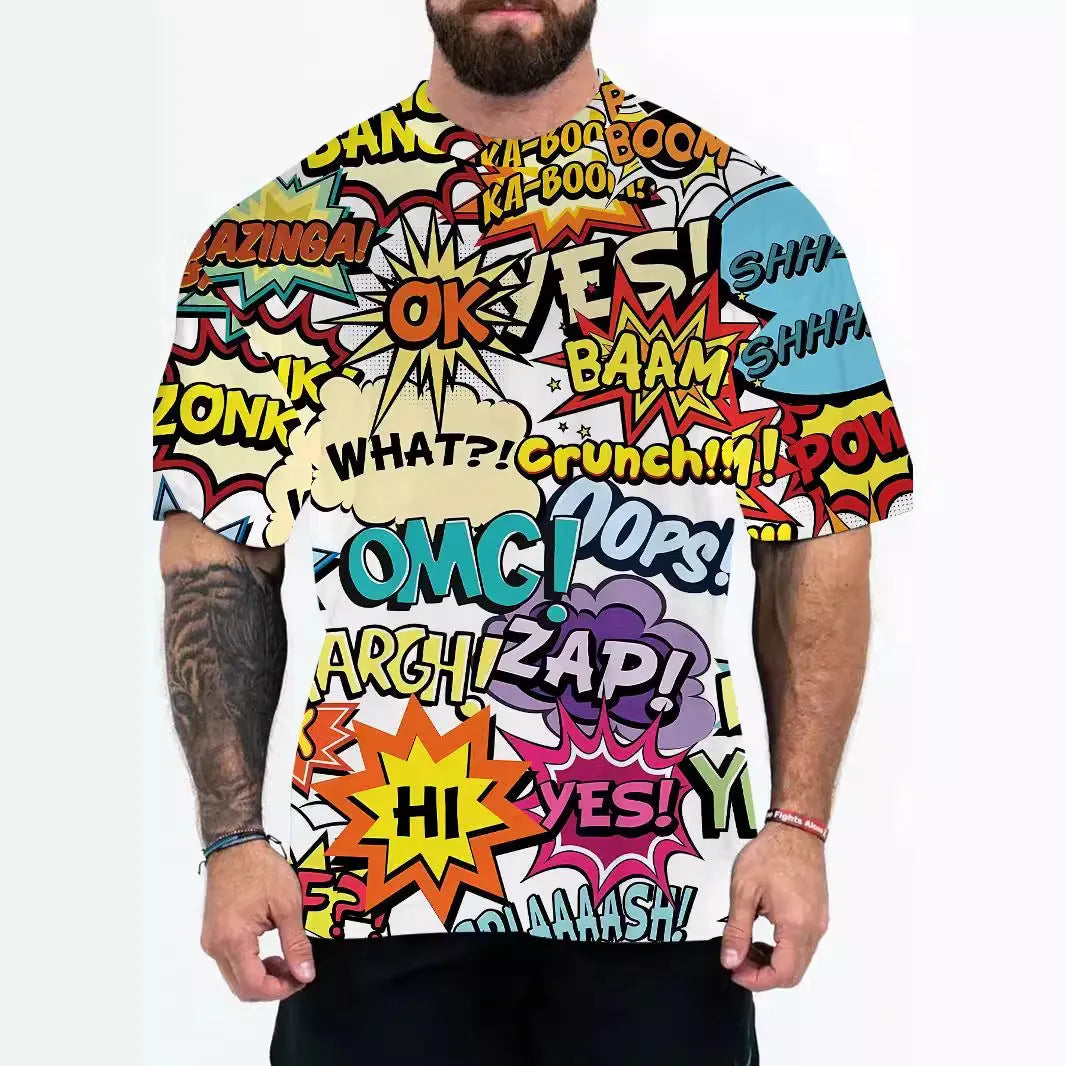 Men's loose fit graphic t-shirt with short sleeves in coloured letters design on a hanger.