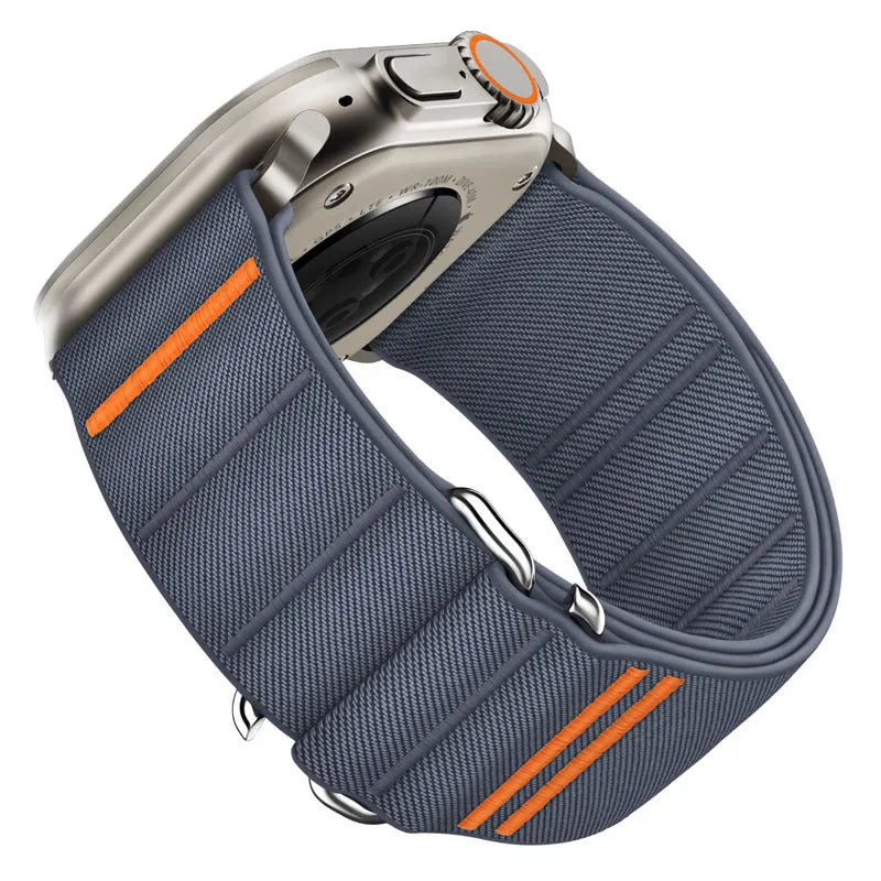 Elastic nylon Apple Watch replacement band with stainless steel buckle shown in multiple colour options.