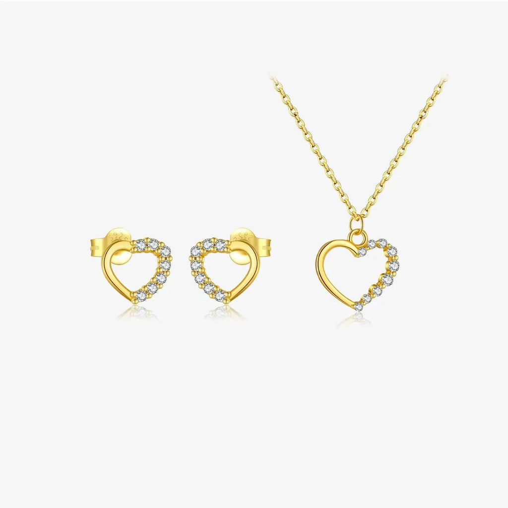 S925 sterling silver hollow heart necklace on a model, showing white gold and 18K gold plated finish options.