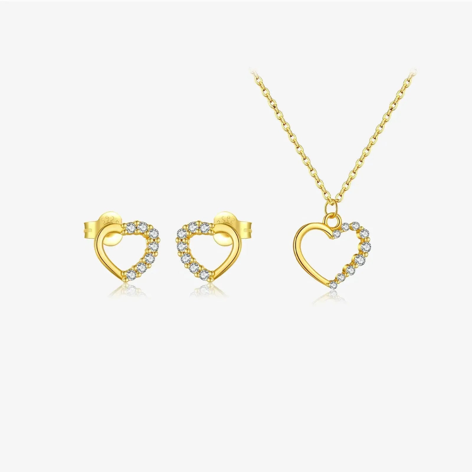 S925 sterling silver hollow heart necklace on a model, showing white gold and 18K gold plated finish options.