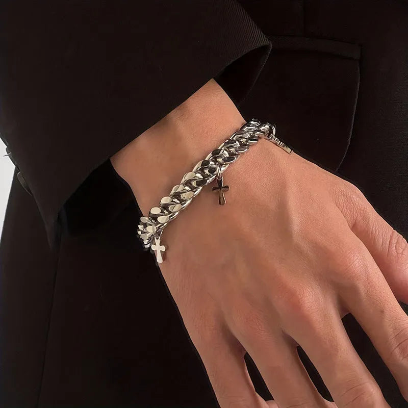 Men's titanium steel geometric cross bracelet in cold wind style