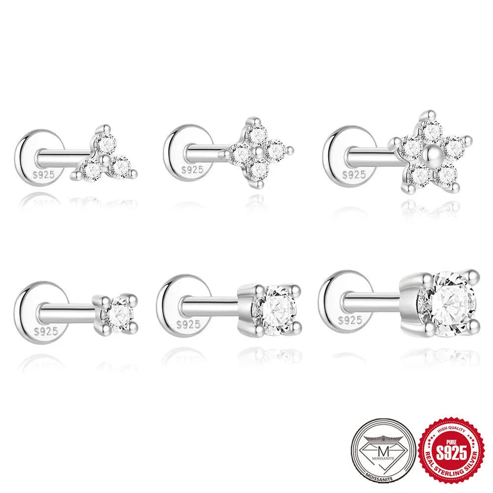 S925 sterling silver geometric stud earrings with petal diamond design, showing triangle and flower shapes.