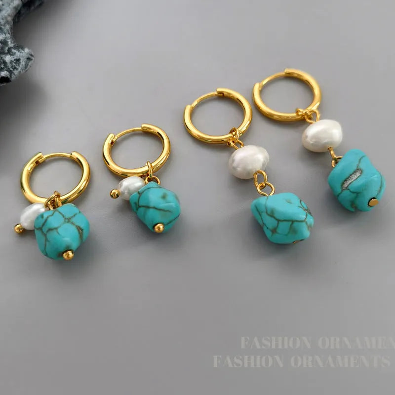 Geometric copper ear clips with irregular turquoise stones and cultured pearls in two length styles