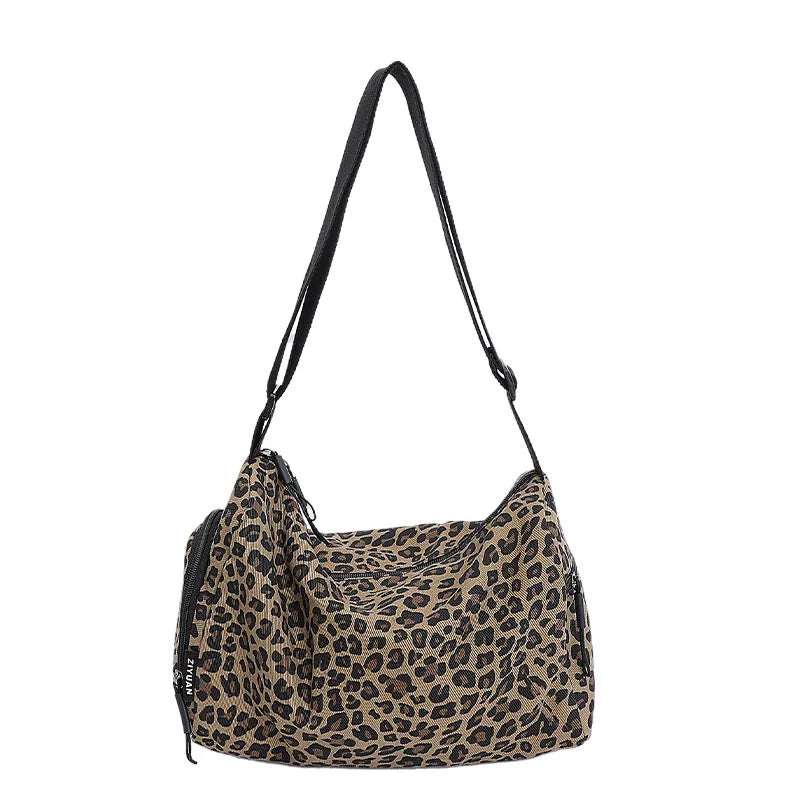 Leopard print shoulder messenger bag with stripe option and visible stitching details