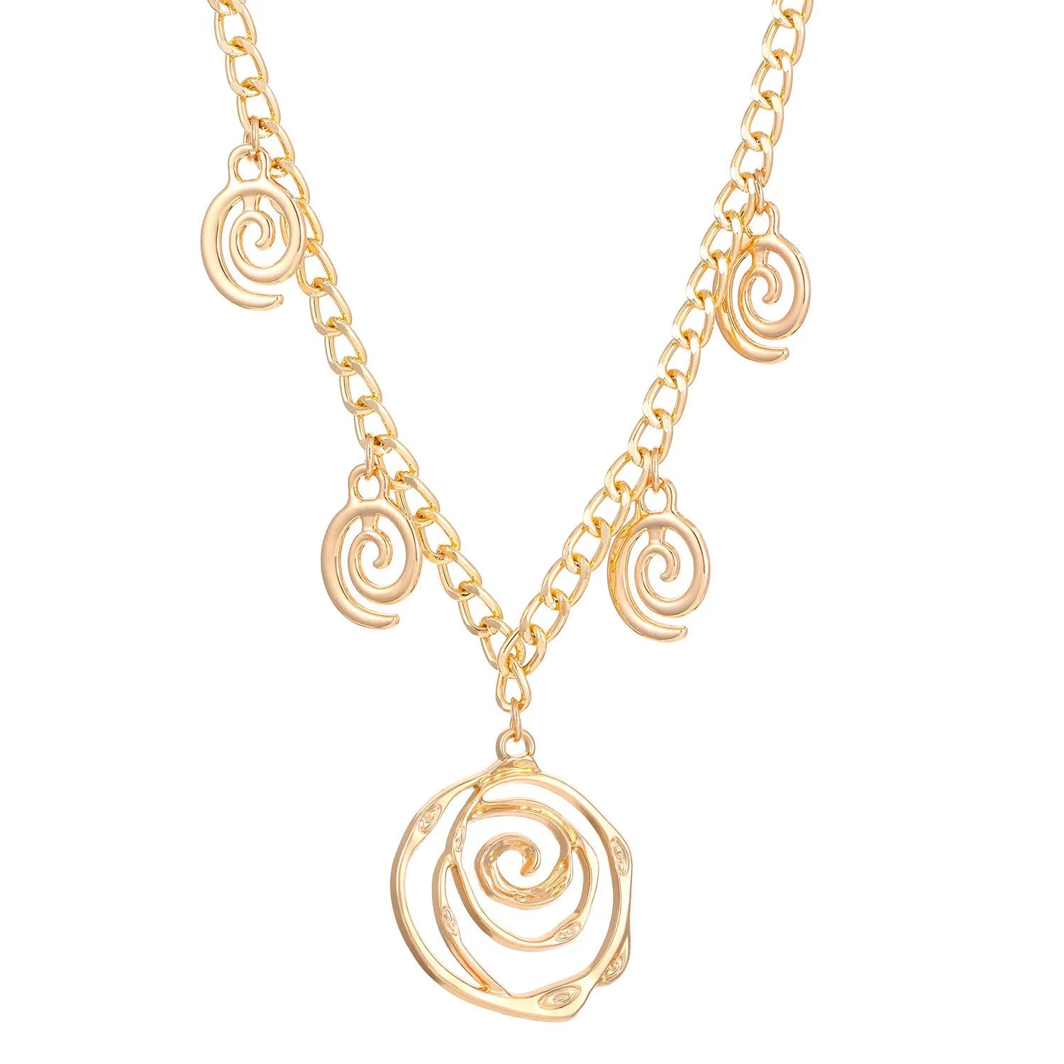 Spiral donut jewellery set showing gold tone necklace, bracelet and earrings with geometric circular design