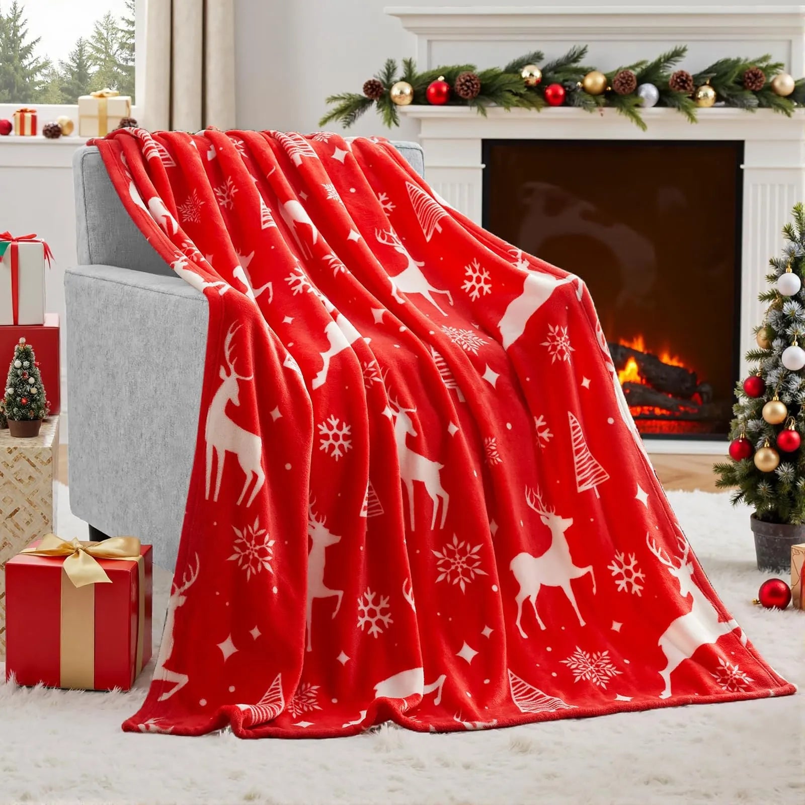 Soft flannel plush Christmas blanket in polyester fibre, showing American style and available in multiple sizes.