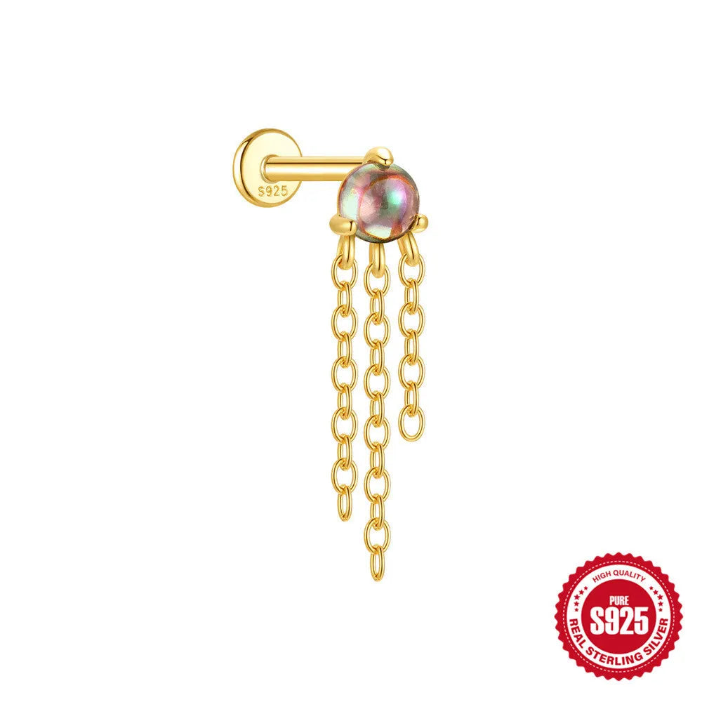 S925 sterling silver flat head thread piercing earring with a rainbow stone in a geometric shape.