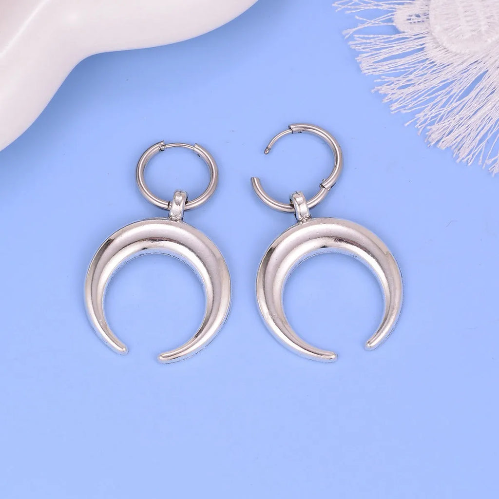 Silver geometric big hoop clip-on earrings with moon design in gothic punk style