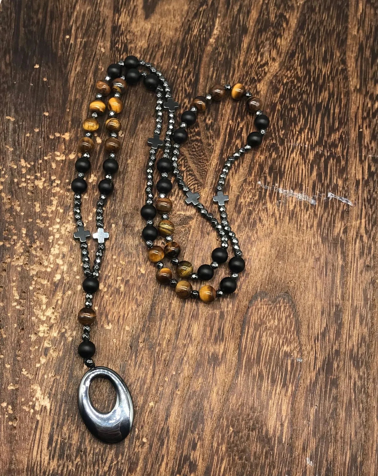 Men's stone cross pendant necklace on an 80cm ball bead chain with a safety lock.