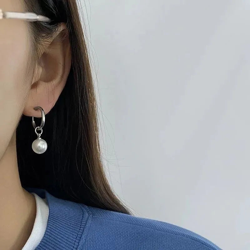 Geometric round pearl earrings with titanium steel alloy construction for women