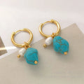 Geometric copper ear clips with irregular turquoise stones and cultured pearls in two length styles