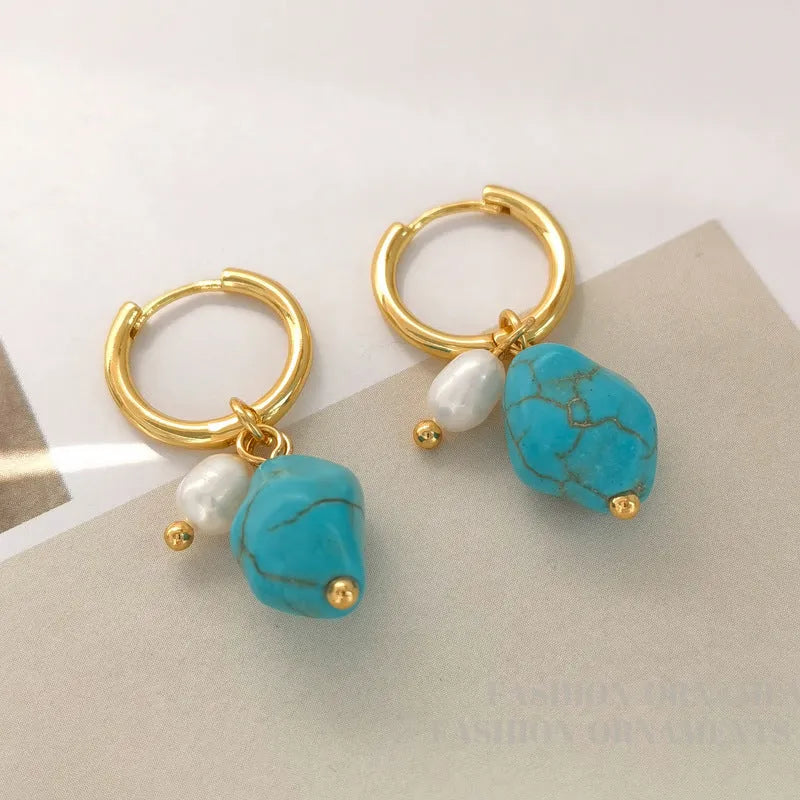 Geometric copper ear clips with irregular turquoise stones and cultured pearls in two length styles