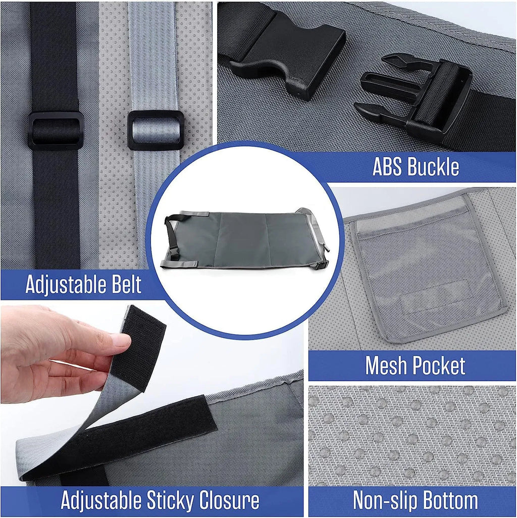 Portable children's aircraft pedal seat extender with drawstring storage pocket