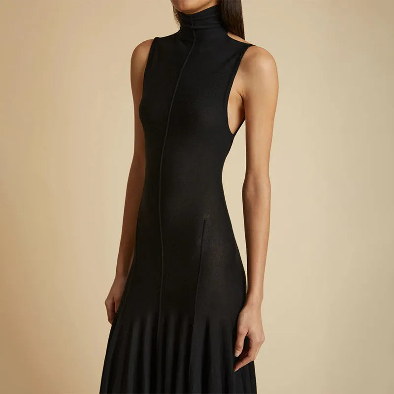 Grey slim-fit women's cotton dress with a half turtleneck collar and backless design