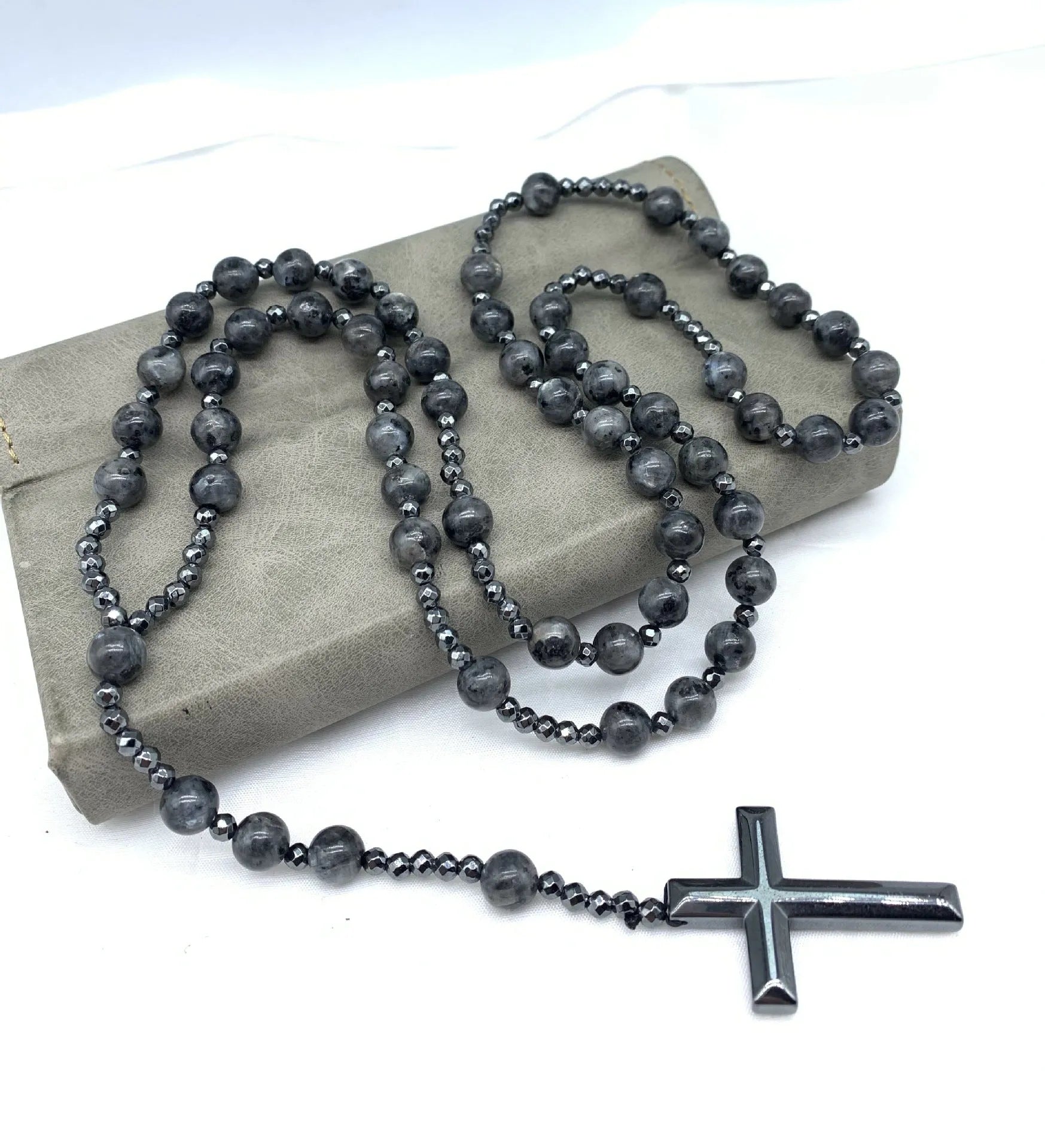 Men's stone cross pendant necklace on an 80cm ball bead chain with a safety lock.