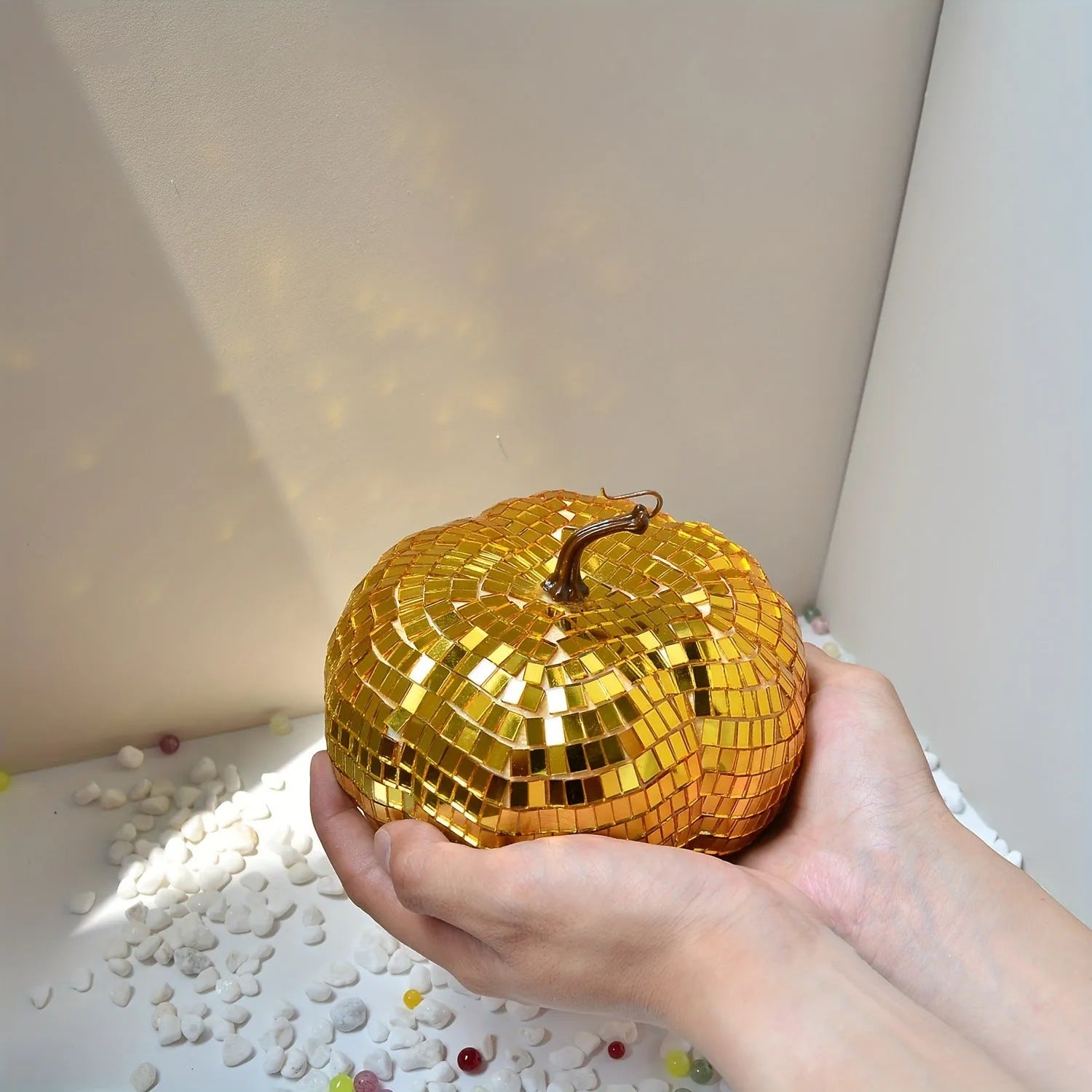 Chinese style glass pumpkin ornament with embroidered texture for Halloween and Christmas decoration.