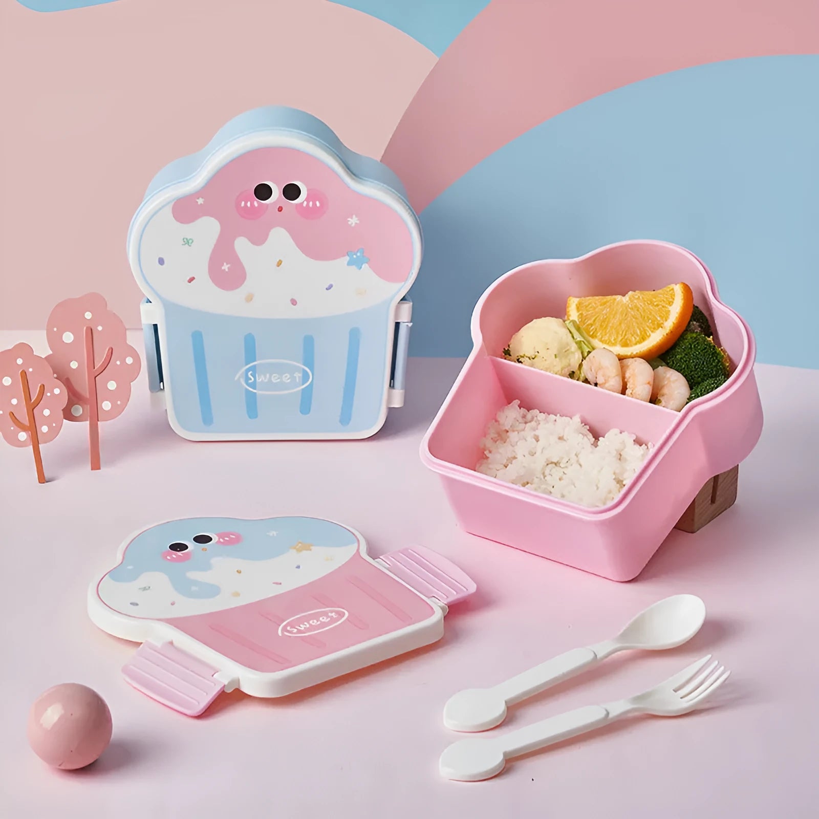 Creative ice cream shaped plastic lunch box with bento compartments and included spoon and fork set