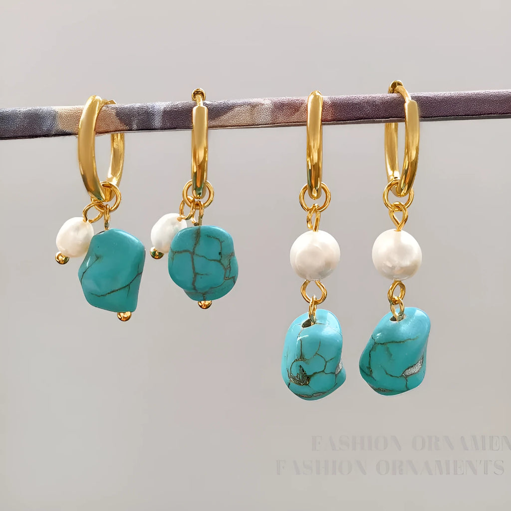 Geometric copper ear clips with irregular turquoise stones and cultured pearls in two length styles
