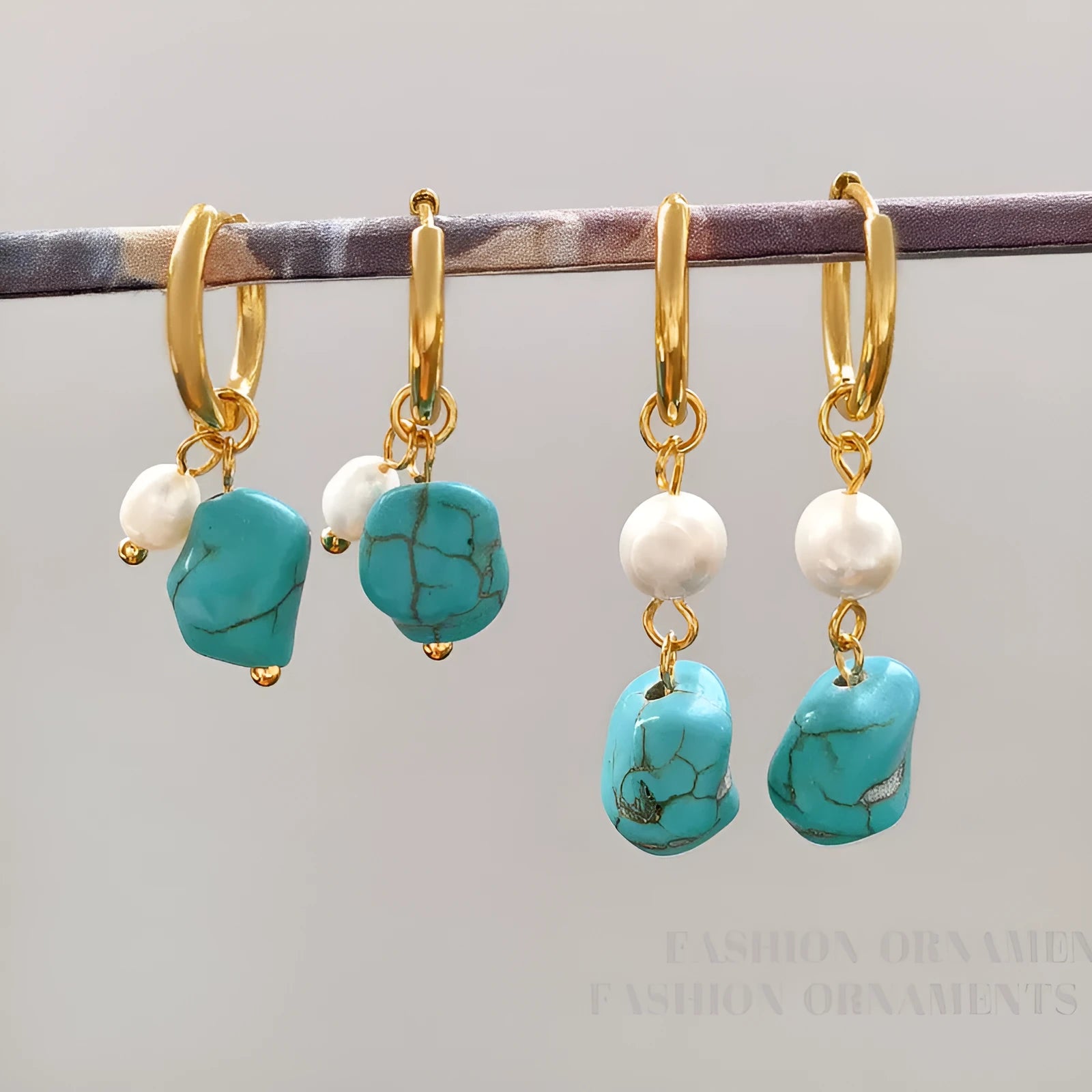 Geometric copper ear clips with irregular turquoise stones and cultured pearls in two length styles