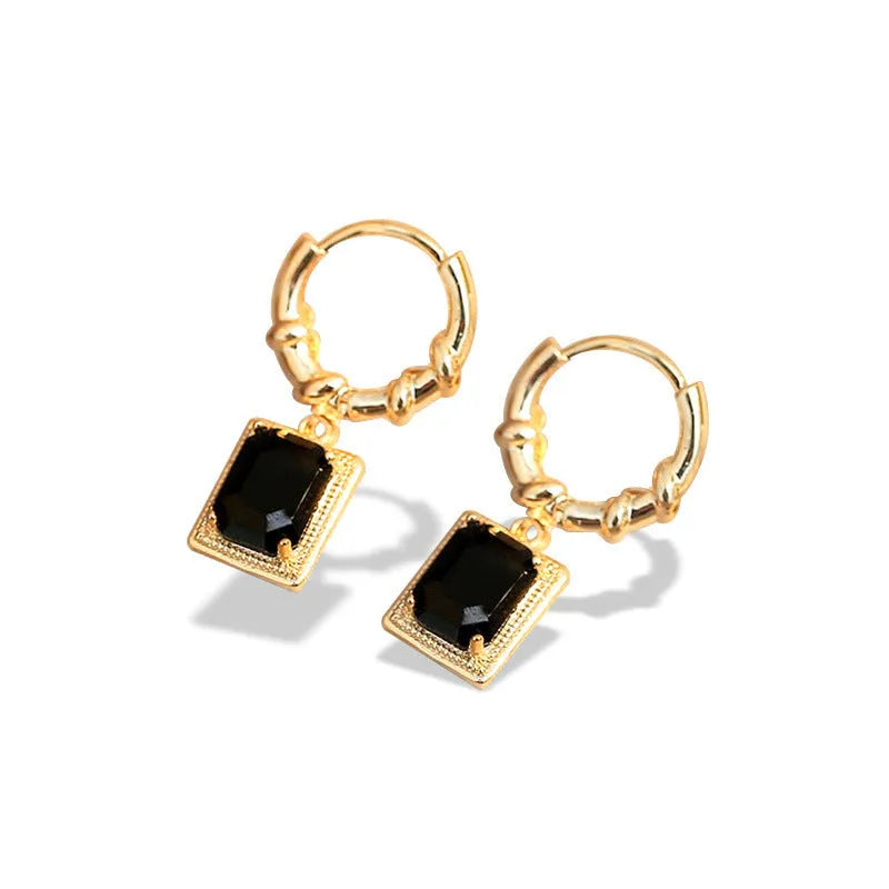 Geometric quadrilateral copper earrings with black zircon stones in French court retro style