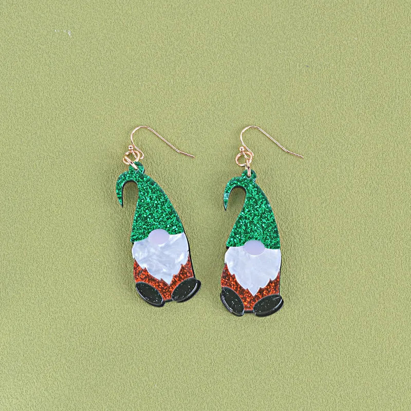 Pair of festive red and green Santa Claus cartoon character acrylic fashion earrings.