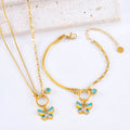 Gold-coloured titanium steel butterfly jewellery set with necklace and bracelet showing epoxy resin pendants