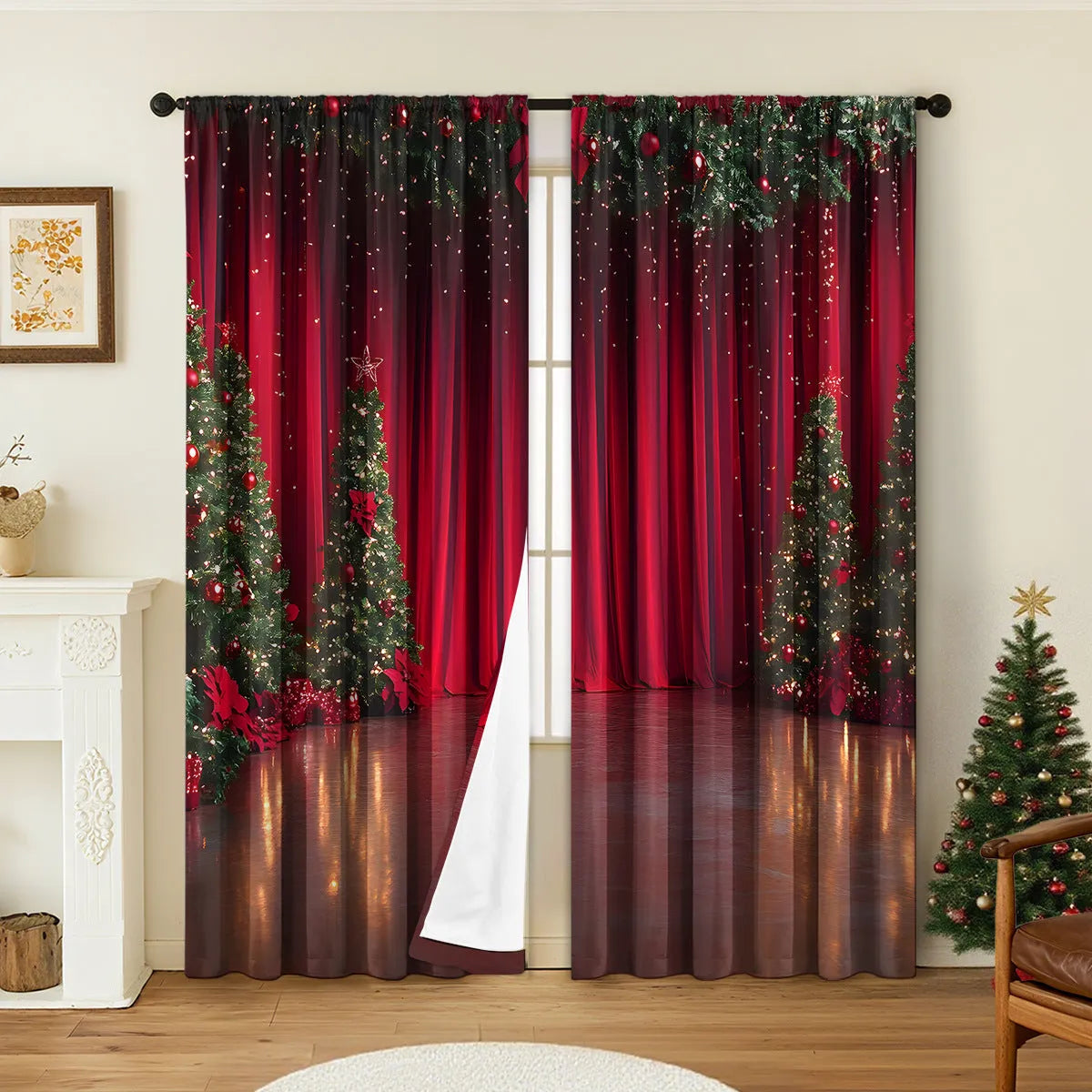 A pair of 3D digitally printed Christmas-themed curtains made from polyester fabric.