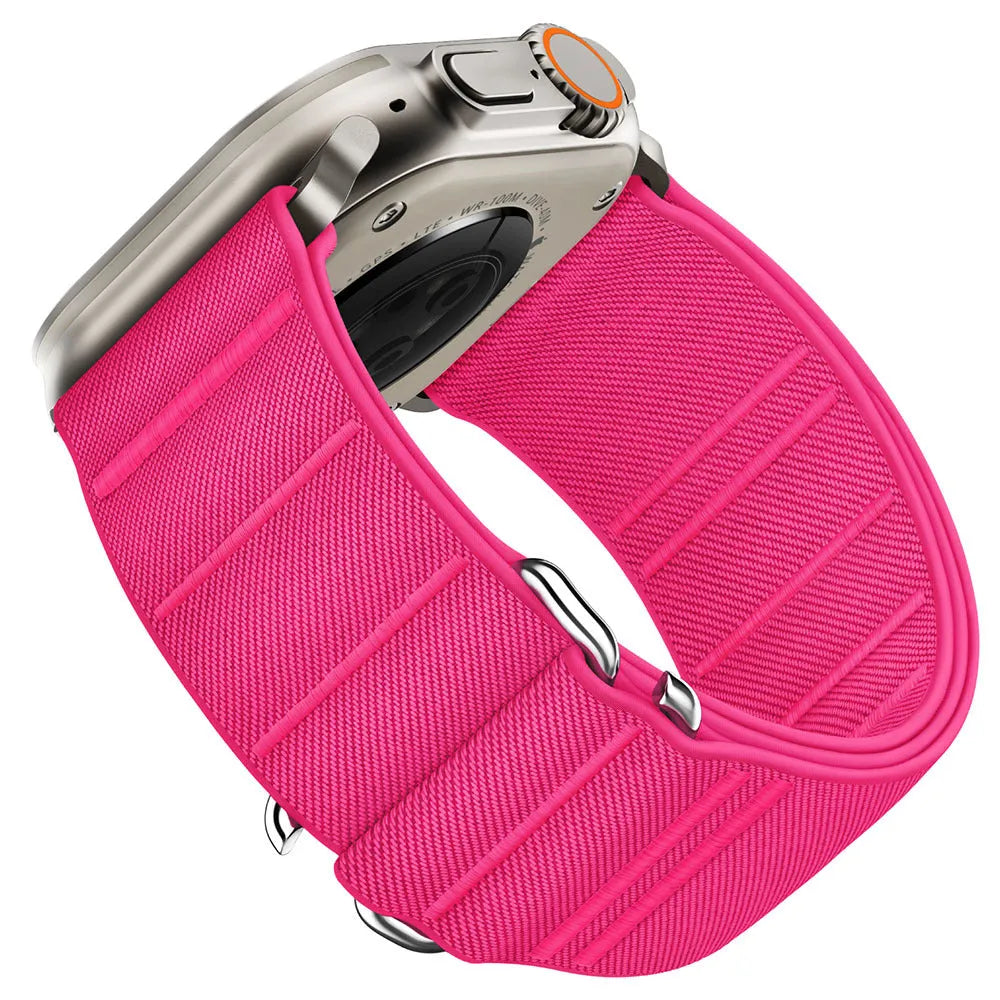 Elastic nylon Apple Watch replacement band with stainless steel buckle shown in multiple colour options.