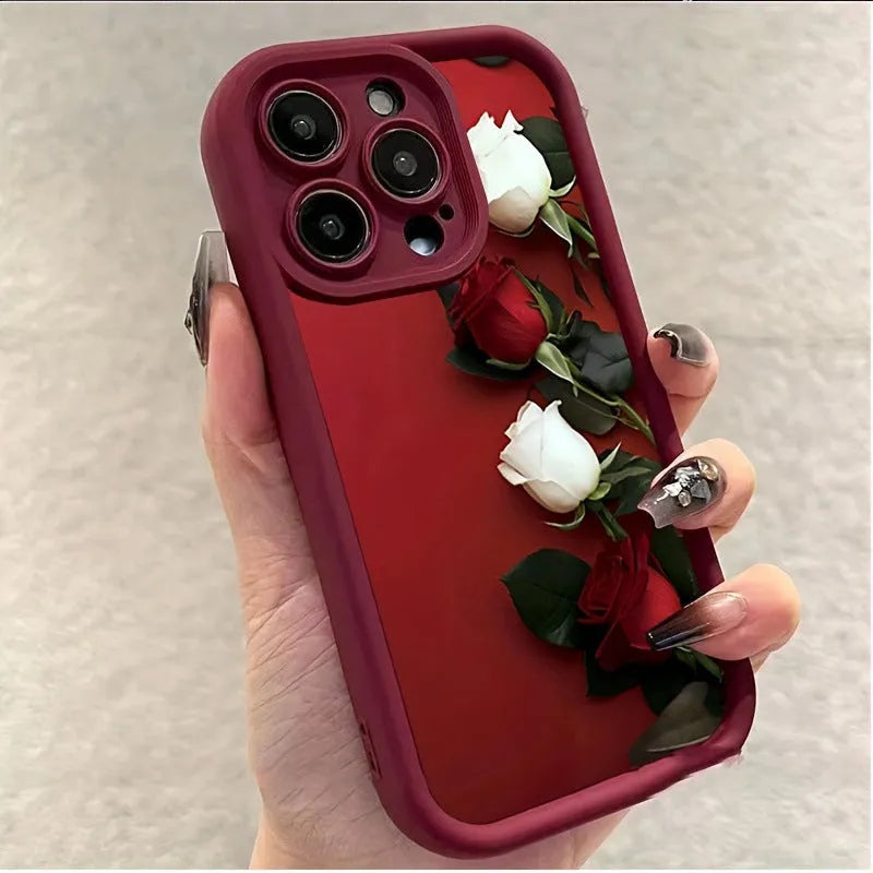 Wine red white rose printed TPU silicone phone case for Apple iPhone models
