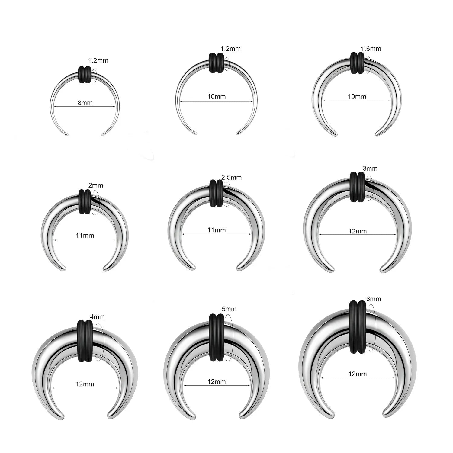 C-shaped nose ring in 316 stainless steel with a buffalo horn detail, shown in black and steel colour finishes.