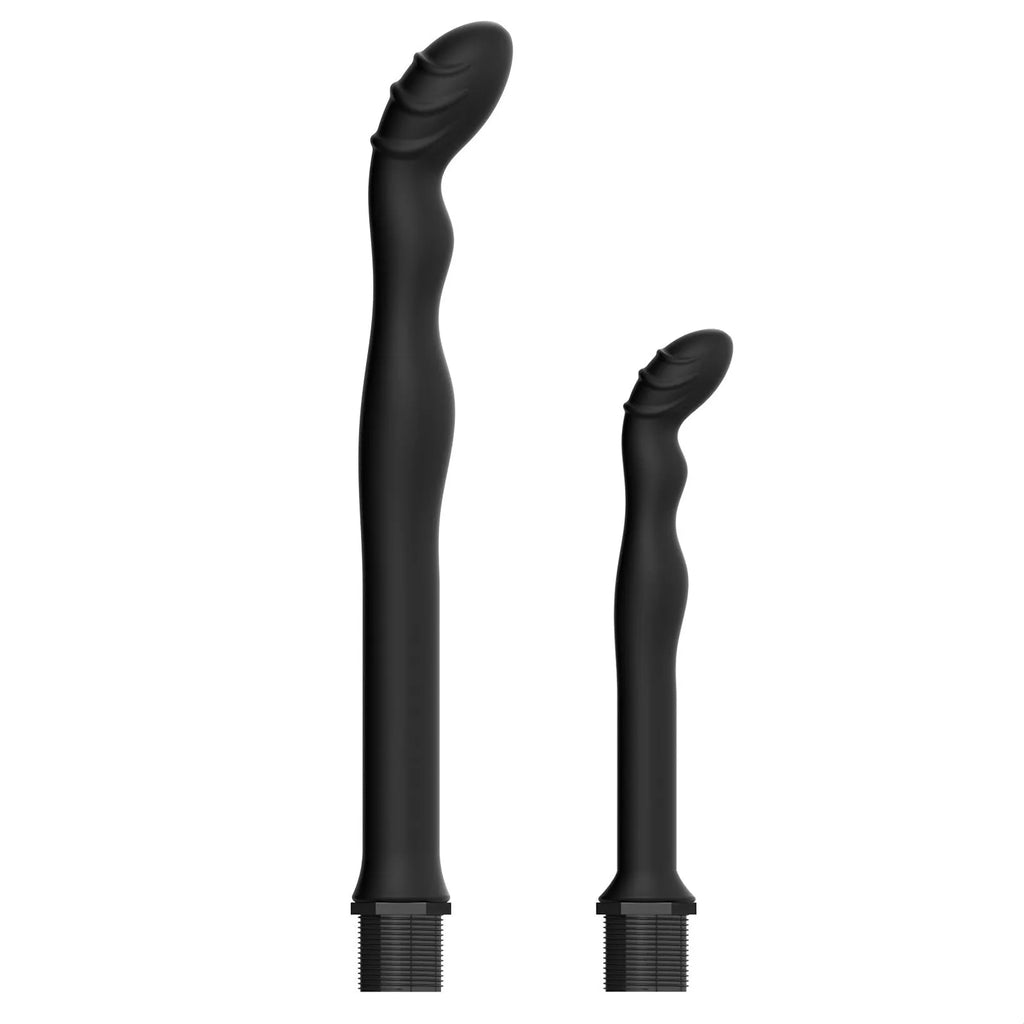 Black silicone hosepipe flusher for enema procedures shown in large and small size options