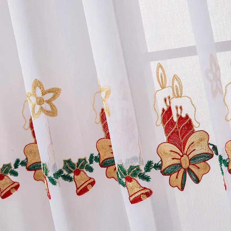 Pair of American-style Christmas curtains with white snowflake embroidery on red polyester fabric.