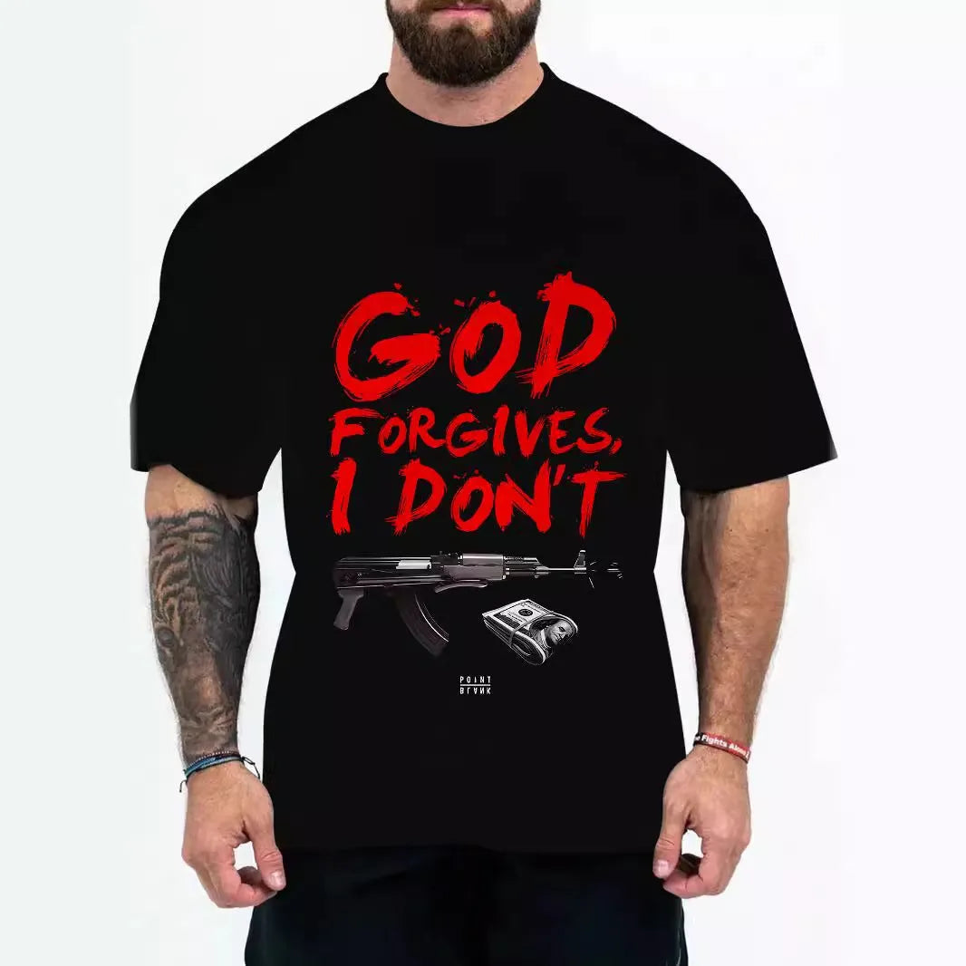 Men's loose fit graphic t-shirt with short sleeves in coloured letters design on a hanger.