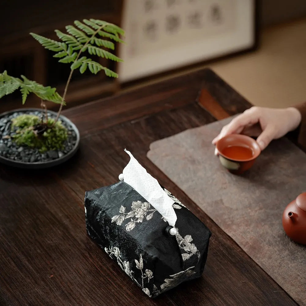 New Chinese style brocade fabric tissue box with white plum embroidery pattern