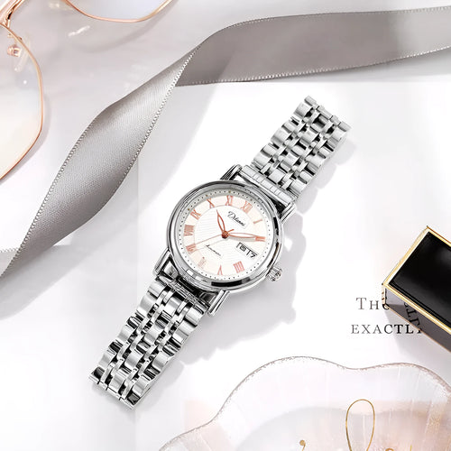 Women's automatic mechanical fashion watch with 12mm thickness showing steel bracelet and leather strap options