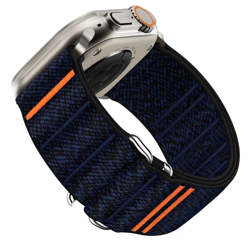 Elastic nylon Apple Watch replacement band with stainless steel buckle shown in multiple colour options.