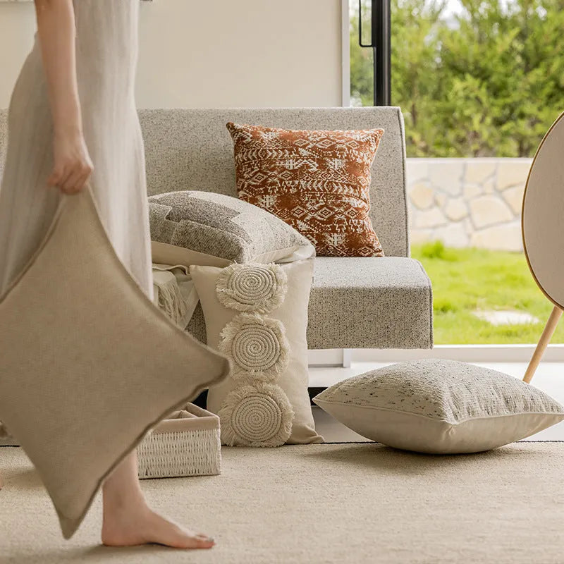Solid colour PP cotton cushion in red brown or plain shades on a sofa, shown in 45cm square and 30x50cm rectangle sizes.